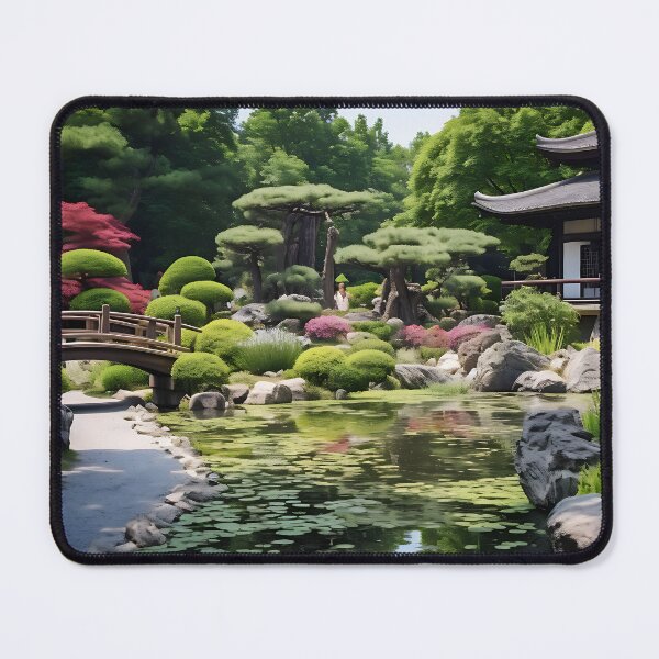 Item preview, Image of a Japanese garden with a pond in the style of an oil painting designed and sold by Pflugart.