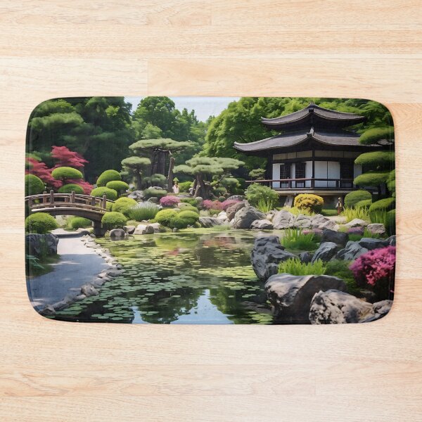 Item preview, Image of a Japanese garden with a pond in the style of an oil painting designed and sold by Pflugart.
