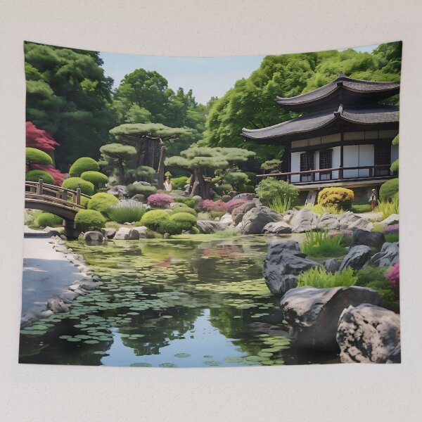 Item preview, Image of a Japanese garden with a pond in the style of an oil painting designed and sold by Pflugart.