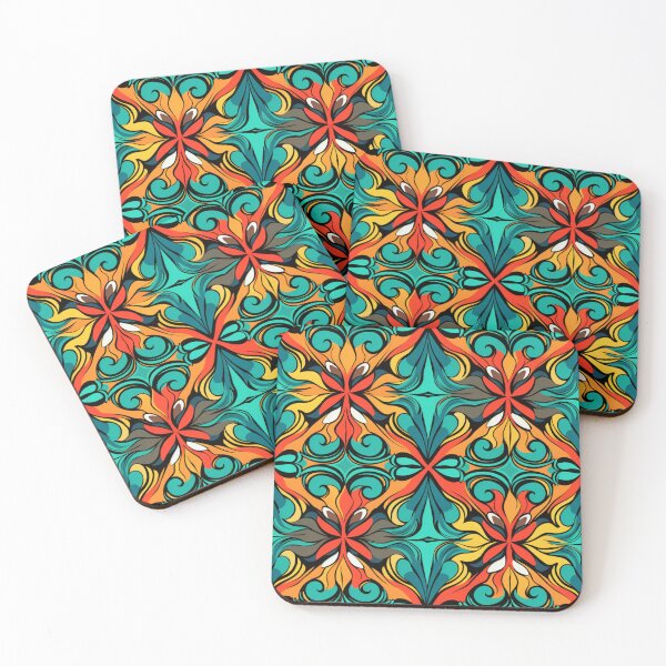 Item preview, Colorful fantasy pattern red blue yellow orange turquoise beige ornaments designed and sold by G-M-Designs.