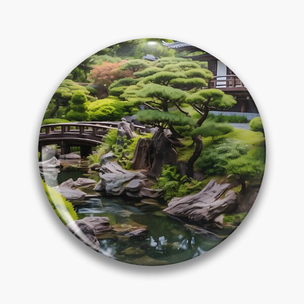Item preview, Image of a Japanese garden with a pond in the style of an oil painting designed and sold by Pflugart.