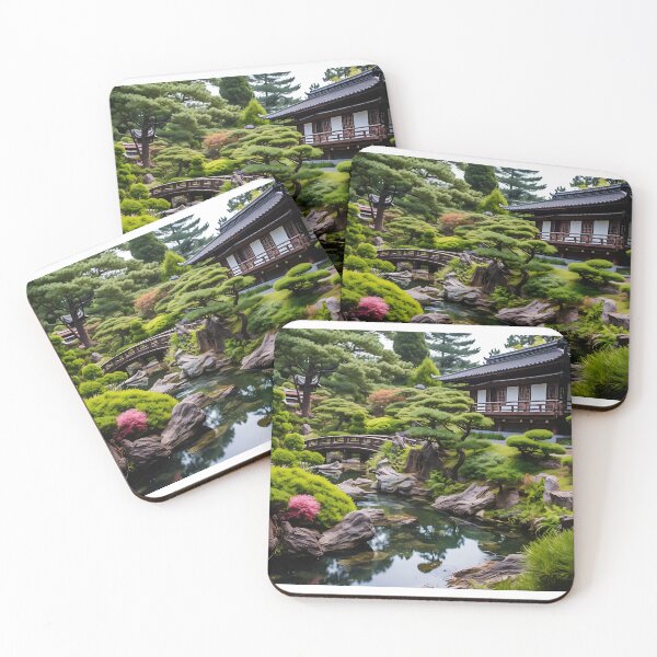Item preview, Image of a Japanese garden with a pond in the style of an oil painting designed and sold by Pflugart.