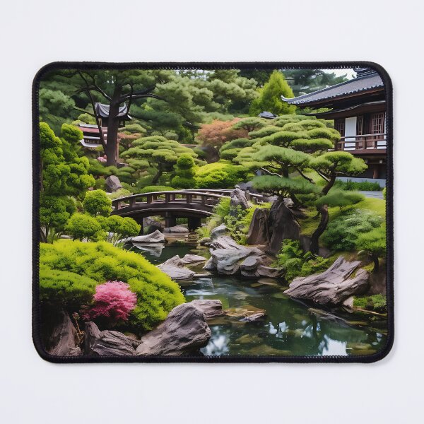 Item preview, Image of a Japanese garden with a pond in the style of an oil painting designed and sold by Pflugart.