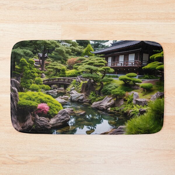 Item preview, Image of a Japanese garden with a pond in the style of an oil painting designed and sold by Pflugart.