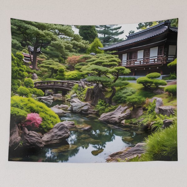 Item preview, Image of a Japanese garden with a pond in the style of an oil painting designed and sold by Pflugart.