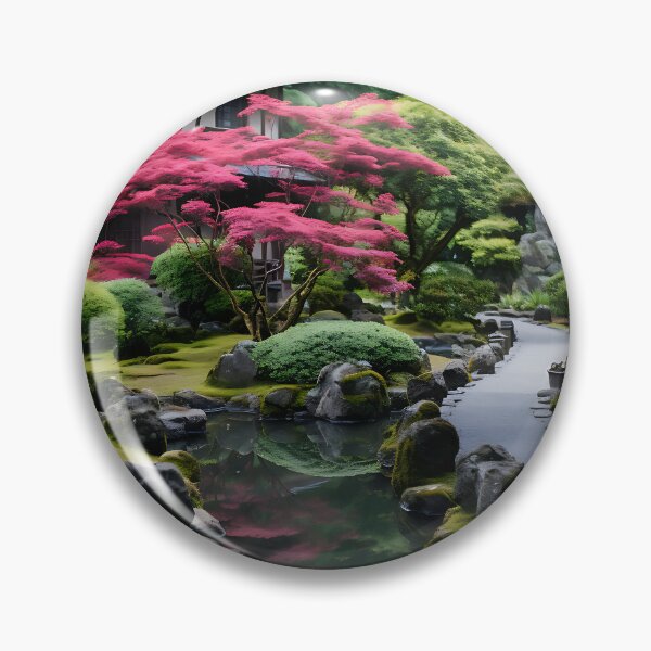 Item preview, Image of a Japanese garden with a pond in the style of an oil painting designed and sold by Pflugart.