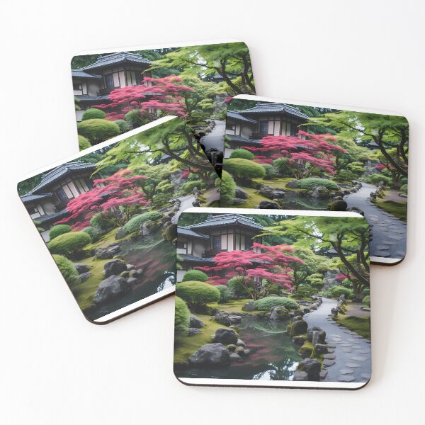 Item preview, Image of a Japanese garden with a pond in the style of an oil painting designed and sold by Pflugart.