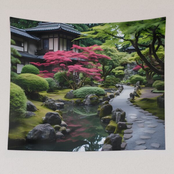 Item preview, Image of a Japanese garden with a pond in the style of an oil painting designed and sold by Pflugart.