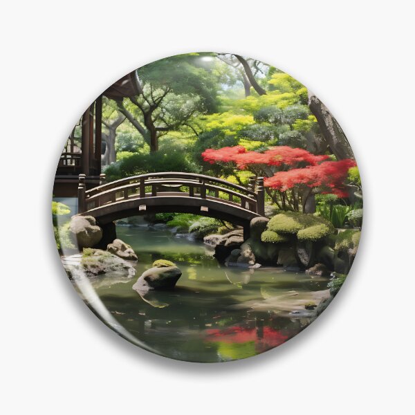 Item preview, Image of a Japanese garden with a pond in the style of an oil painting designed and sold by Pflugart.