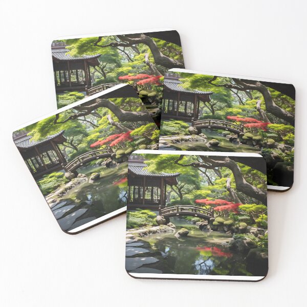 Item preview, Image of a Japanese garden with a pond in the style of an oil painting designed and sold by Pflugart.