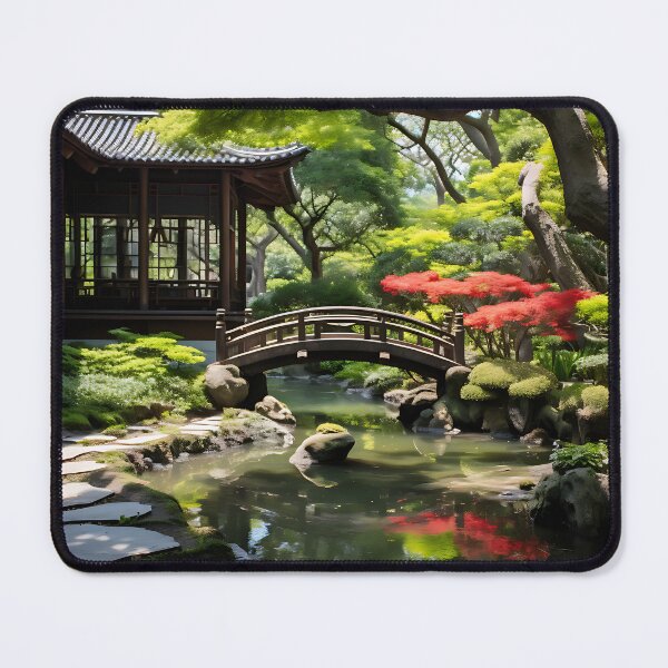 Item preview, Image of a Japanese garden with a pond in the style of an oil painting designed and sold by Pflugart.