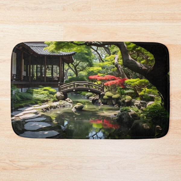 Item preview, Image of a Japanese garden with a pond in the style of an oil painting designed and sold by Pflugart.