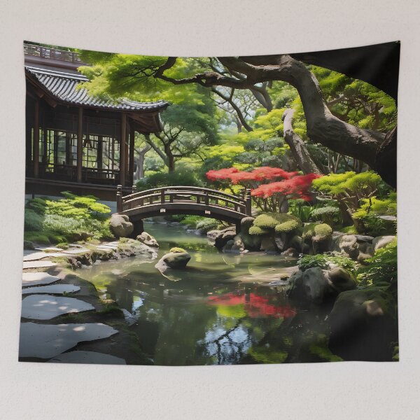 Item preview, Image of a Japanese garden with a pond in the style of an oil painting designed and sold by Pflugart.