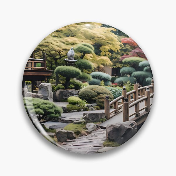 Item preview, Image of a Japanese garden with a pond in the style of an oil painting designed and sold by Pflugart.