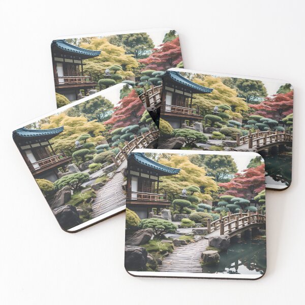 Item preview, Image of a Japanese garden with a pond in the style of an oil painting designed and sold by Pflugart.