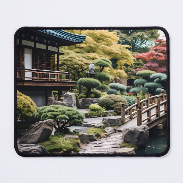 Item preview, Image of a Japanese garden with a pond in the style of an oil painting designed and sold by Pflugart.