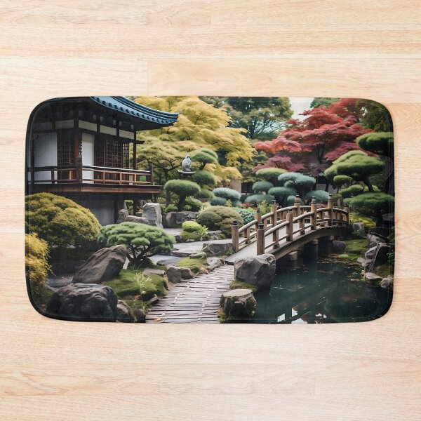 Item preview, Image of a Japanese garden with a pond in the style of an oil painting designed and sold by Pflugart.