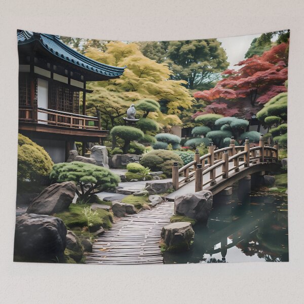 Item preview, Image of a Japanese garden with a pond in the style of an oil painting designed and sold by Pflugart.