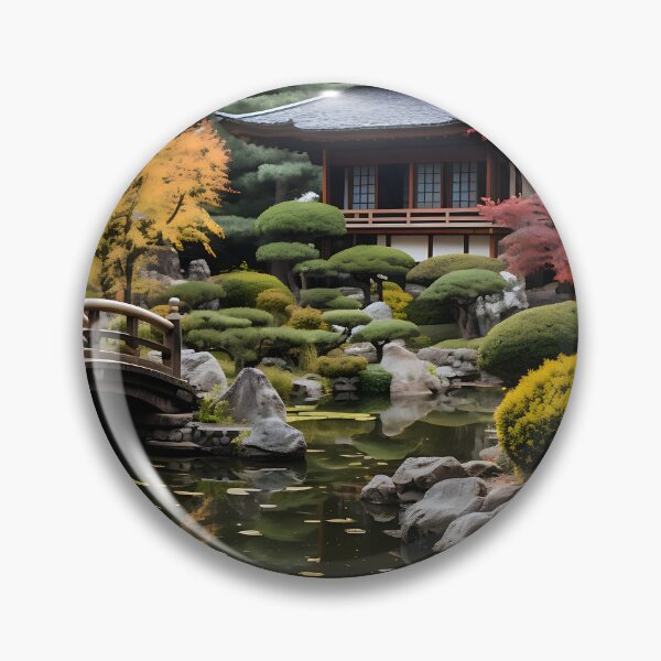 Item preview, Image of a Japanese garden with a pond in the style of an oil painting designed and sold by Pflugart.