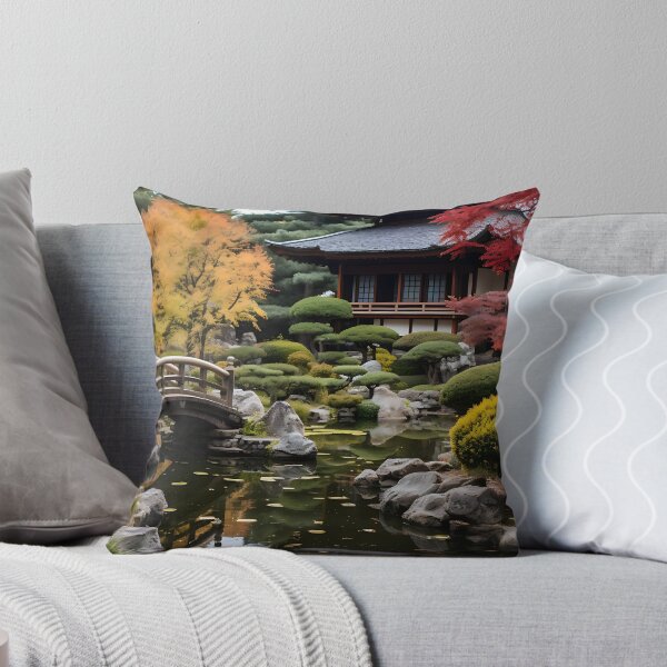 Item preview, Image of a Japanese garden with a pond in the style of an oil painting designed and sold by Pflugart.