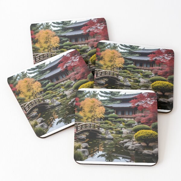 Item preview, Image of a Japanese garden with a pond in the style of an oil painting designed and sold by Pflugart.