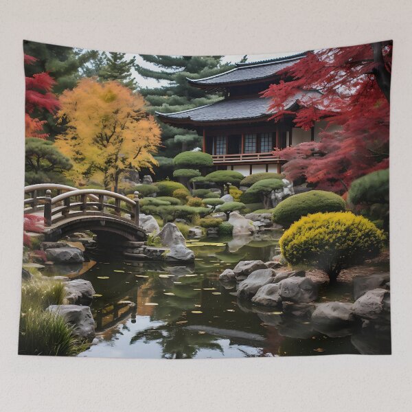 Item preview, Image of a Japanese garden with a pond in the style of an oil painting designed and sold by Pflugart.