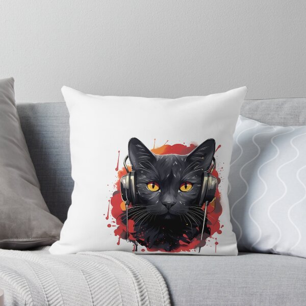 Item preview, a black cat with yellow eyes wearing headphones designed and sold by Dark Fantasy Store.