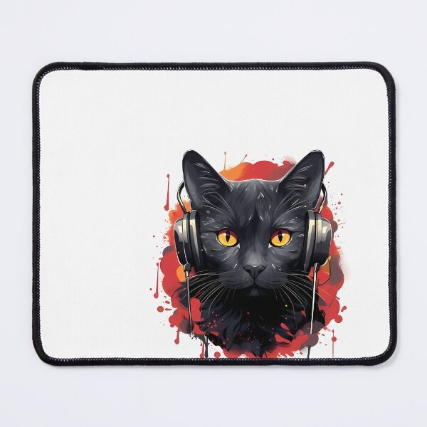 Item preview, a black cat with yellow eyes wearing headphones designed and sold by Dark Fantasy Store.