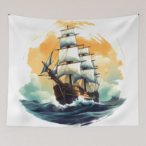Item preview, A vintage looking ship sails across the giant waves in a sunset enviornment 4 designed and sold by ramith-concept.