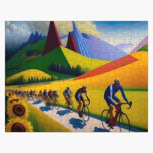 Item preview, Tour de France bicyclists; Vitoria-Gasteiz to San Sebastián French Alps bike racing cubism color landscape painting designed and sold by Jéanpaul  Ferro.