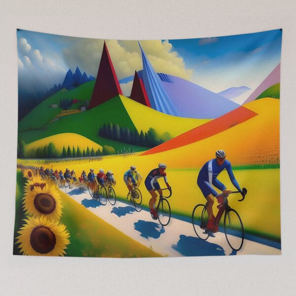 Item preview, The climb to the L'Alpe d'Huez; Tour de France bicyclists; bike racing cubism color landscape painting designed and sold by Jéanpaul  Ferro.