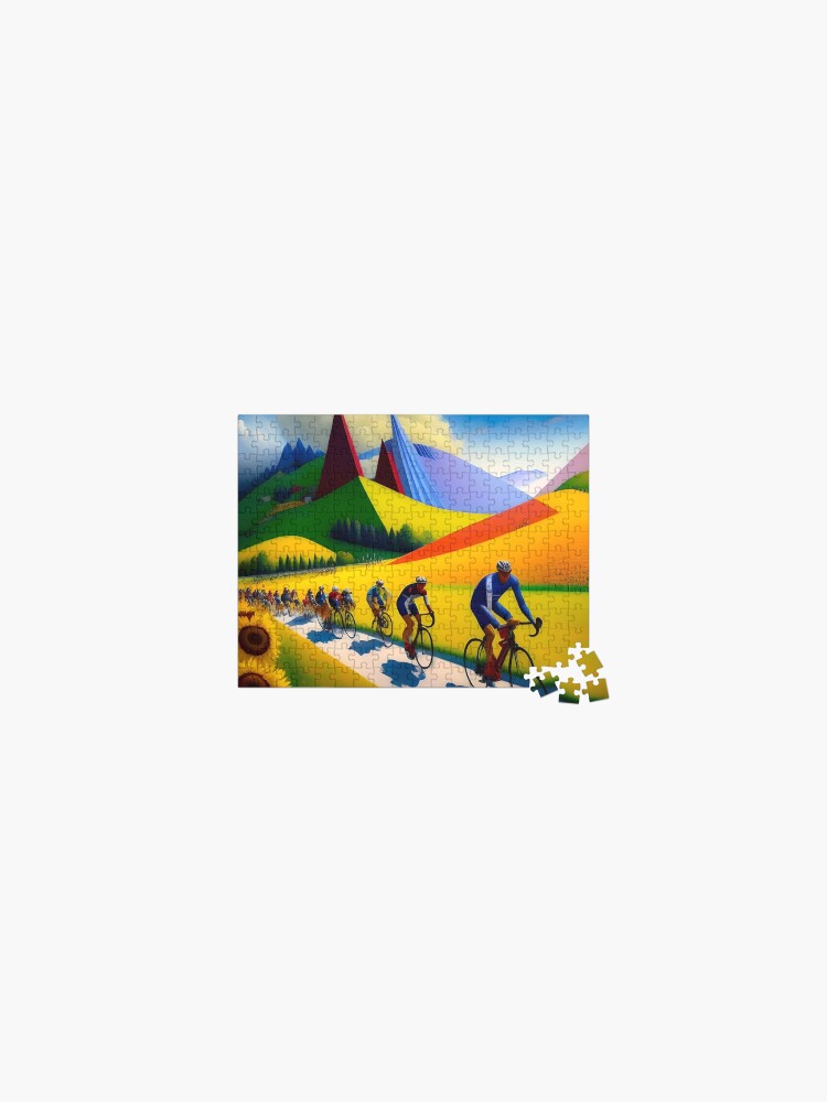 Thumbnail 1 of 2, Jigsaw Puzzle, The climb to the L'Alpe d'Huez; Tour de France bicyclists; bike racing cubism color landscape painting designed and sold by jferro67.