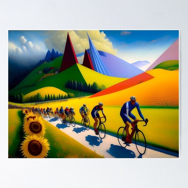 Item preview, The climb to the L'Alpe d'Huez; Tour de France bicyclists; bike racing cubism color landscape painting designed and sold by Jéanpaul  Ferro.