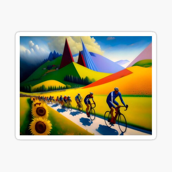 Item preview, The climb to the L'Alpe d'Huez; Tour de France bicyclists; bike racing cubism color landscape painting designed and sold by Jéanpaul  Ferro.
