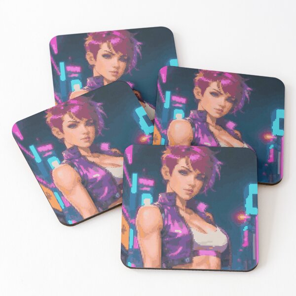 Item preview, Synthwave Cyberpunk Retro Purple Leather Jacket Pink Short Hair Girl designed and sold by 8bitglam.