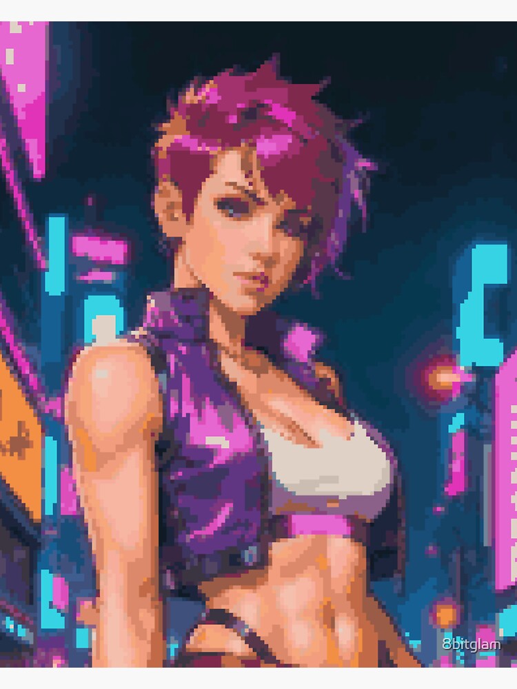 Thumbnail 3 of 3, Sticker, Synthwave Cyberpunk Retro Purple Leather Jacket Pink Short Hair Girl designed and sold by 8bitglam.
