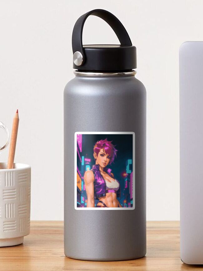 Thumbnail 1 of 3, Sticker, Synthwave Cyberpunk Retro Purple Leather Jacket Pink Short Hair Girl designed and sold by 8bitglam.