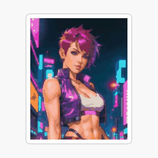 Synthwave Cyberpunk Retro Purple Leather Jacket Pink Short Hair Girl Sticker