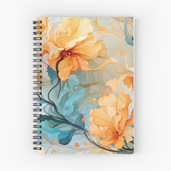 Aperçu de l'œuvre Illustration botanique - fleurs colorées et motif de feuillage en orange, jaune et bleu créée et vendue par Flowtime.
