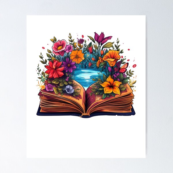 Aesthetic open book design with flowers Poster for Sale by