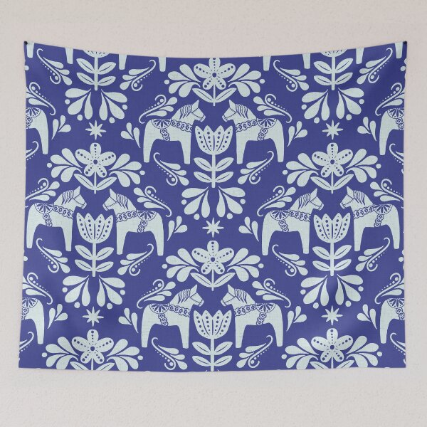 Aperçu de l'œuvre Folk Art Dala Cheval - Bleu Cobalt et Crème créée et vendue par Paige Brady Design.