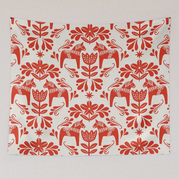 Aperçu de l'œuvre Folk Art Dala Cheval - Crème et Rouge créée et vendue par Paige Brady Design.