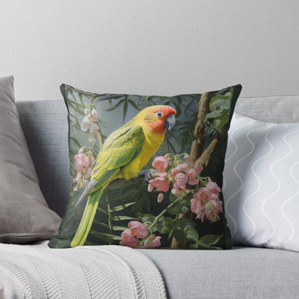 Aperçu de l'œuvre Oiseau d'amour avec des fleurs roses sur un paysage tropical créée et vendue par Elindith.