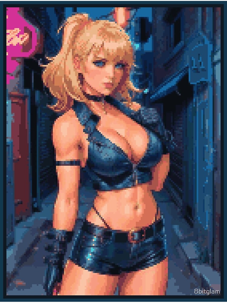 Thumbnail 3 of 3, Photographic Print, Synthwave Cyberpunk Retro Black Leather Outfit Blonde Girl designed and sold by 8bitglam.