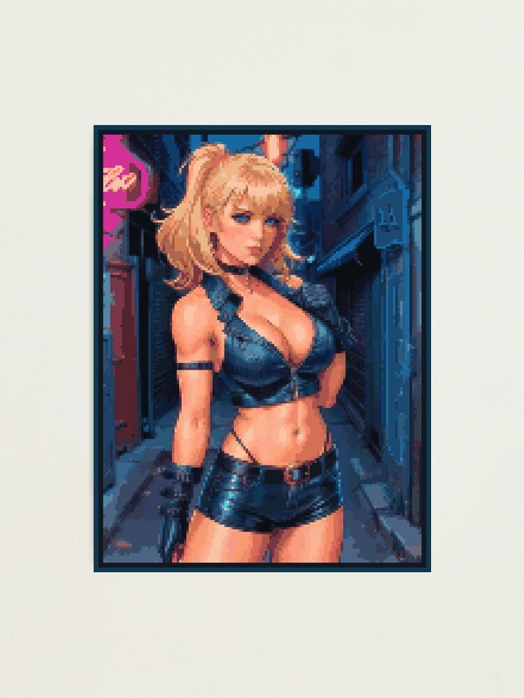 Thumbnail 1 of 3, Photographic Print, Synthwave Cyberpunk Retro Black Leather Outfit Blonde Girl designed and sold by 8bitglam.