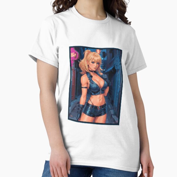 Synthwave Cyberpunk Retro Black Leather Outfit Blonde Girl Classic T-Shirt