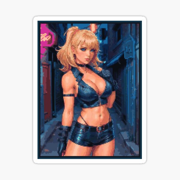 Synthwave Cyberpunk Retro Black Leather Outfit Blonde Girl Sticker