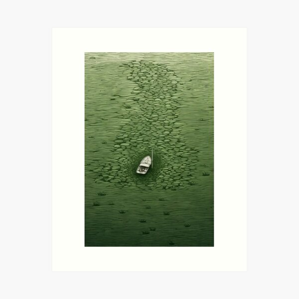 Leaf on the Flow: Minimalist Boat on the Green River Art Print