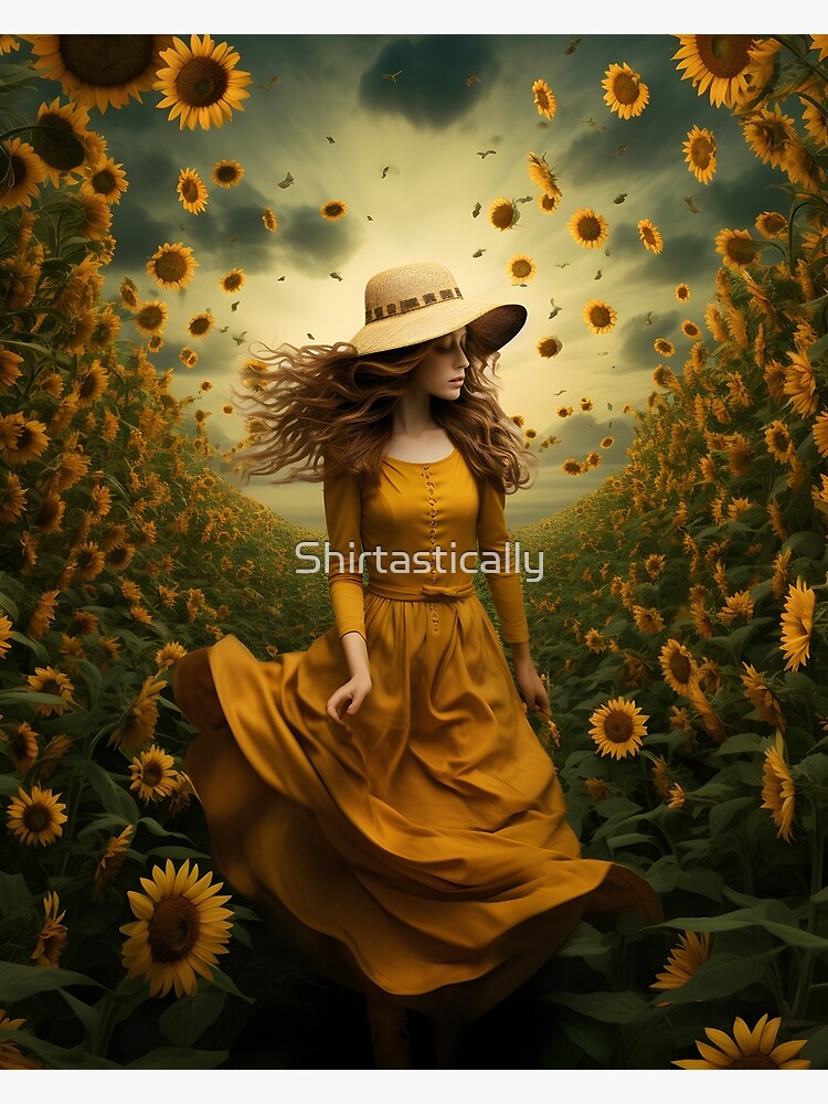 Anime girl with a straw hat in a sunflower field Art Board Print