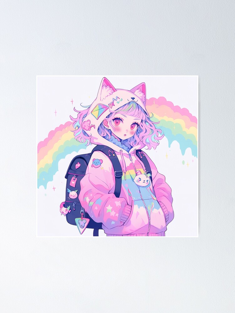 Cute Pastel Pink Kitty Ears Anime Girl Poster for Sale by
